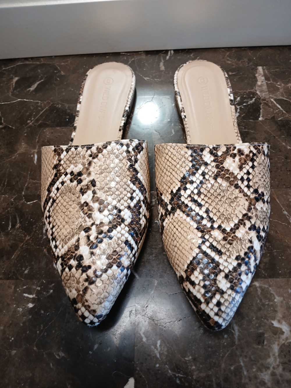 Wild Diva Neutral Snake-Print Pointed Slip-On Mules